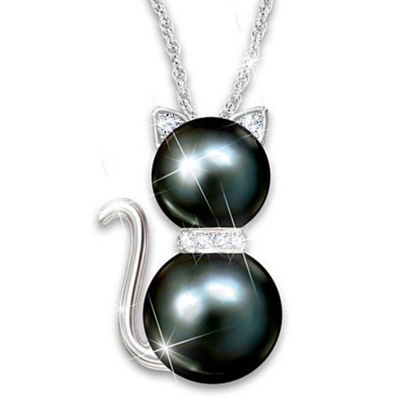 TT-Faux Black Pearls Rhinestone Cat Earring and Necklace Set - Picture 2 of 5